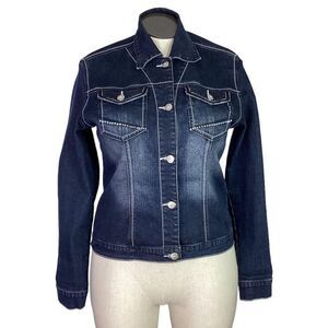 Ethyl Vintage Denim Jacket Womens L Blue Stretch Flap Pockets Rhinestones Dark